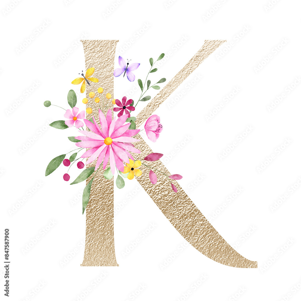 Gold letter K with watercolor flowers and leaves. Floral alphabet ...