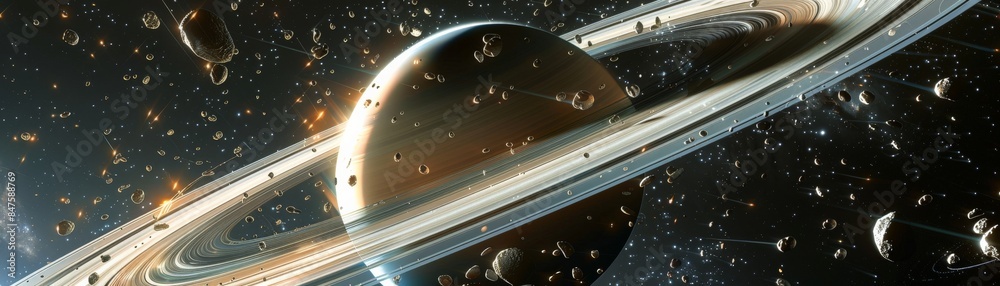 A stunning depiction of Saturn with its iconic rings surrounded by ...