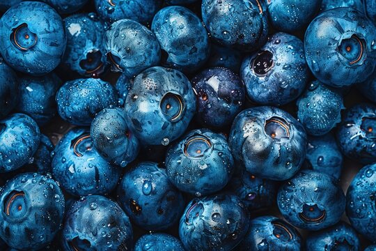 Close up of fresh blueberries, their deep navy, water drops.
