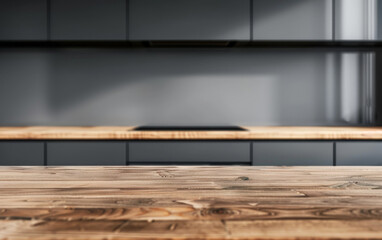 Wall Mural - A beautiful table made of natural wood on the background of the kitchen. Modern design. The elegant interior.