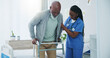 © peopleimages.com - Senior, man or nurse for helping with walker in hospital with rehabilitation or assistance in physical therapy. Elderly, patient or caregiver with walking support in clinic for mobility or wellness