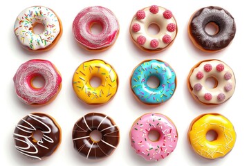 Set of various colorful donuts isolated on white background. Top view.