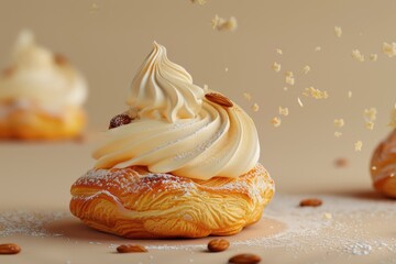 Close up of pastry with butter cream and almonds.