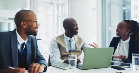 Poster - Partnership, black people and happy on laptop in office for ideas on project with teamwork and collaboration. Employee, smile and boardroom with research for planning and meeting as accountant