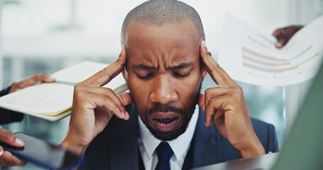 Poster - Businessman, headache and frustrated in office for multitasking, deadline fail and overworked with paperwork. African employee, stress and time management with accountability, stats audit and burnout