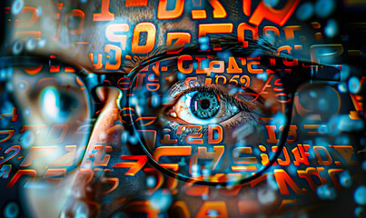 Wall Mural - Human eye peering through glasses, surrounded by an array of floating, three-dimensional letters in a cryptic pattern symbolizing vision, knowledge, and the search for meaning in language