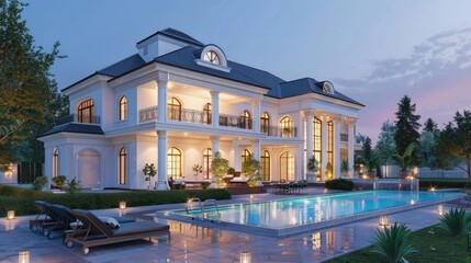 Canvas Print - Big contemporary white villa with pool and garden in the evening