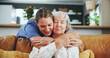 © AchillesReel/peopleimages.com - Happy woman, nurse and hug with senior patient in elderly care, love or nursing at retirement home. Calm female person or caregiver with smile for embrace, healthcare or support at old age house