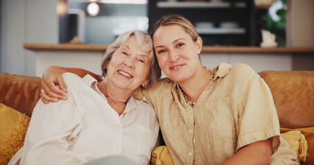 Poster - Mature, sofa and portrait of mother with daughter happy together for bonding, relationship and love. Family, home and senior mom with woman in living room for embrace, affection and relax on weekend