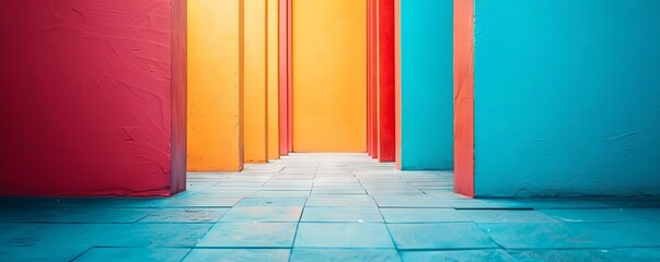 Wall Mural - A long hallway with colorful walls and a blue tile floor