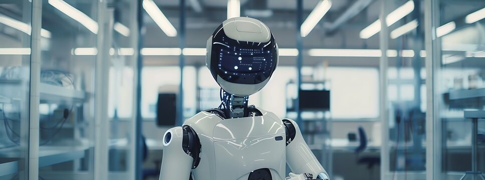 Deep in the heart of a futuristic laboratory, a humanoid robot  showcasing the advancements in artificial intelligence and robotics