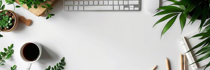 Poster - A white background with a keyboard, a cup of coffee, and a bunch of plants