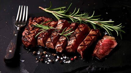 Wall Mural - Juicy sliced steak with rosemary, salt, and pepper grains on a dark background. Perfect for food-related blogs, websites, and cooking materials. High-quality food photography. AI