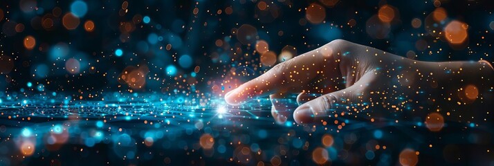 Poster - A hand is pointing at a glowing blue and orange background