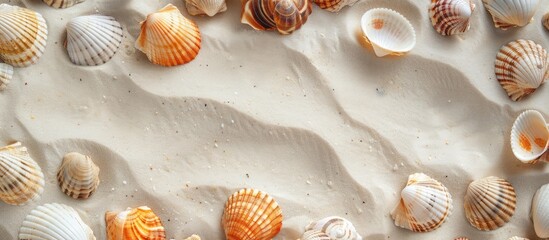 Canvas Print - Sea shells on sandy backdrop in a flat lay arrangement with an overhead perspective, square composition, and space for text