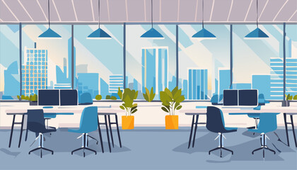 Poster - Office interior. Empty conference room or modern office workplace with desk laptop computer. Vector illustration