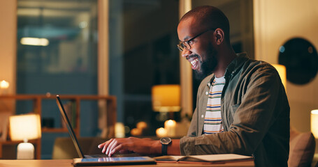 Poster - Night, typing and laptop with business man, smile and web design planning in office. Employee, creative and professional with company website update and digital project with technology and idea
