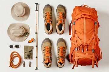 Set of sport equipment and gear for hiking and trekking. Top view of walking sticks, backpack, clothes etc. isolated on white background