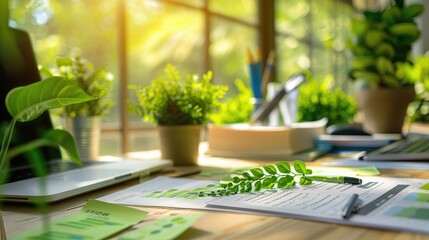 Wall Mural - Close-up of a sustainability consultant's desk with environmental reports and green technology samples, showcasing a job in sustainability consulting