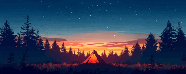 Wall Mural - A camping tent, its silhouette against a starry sky, evoking the spirit of adventure, set against a plain white surface. Vector flat minimalistic isolated