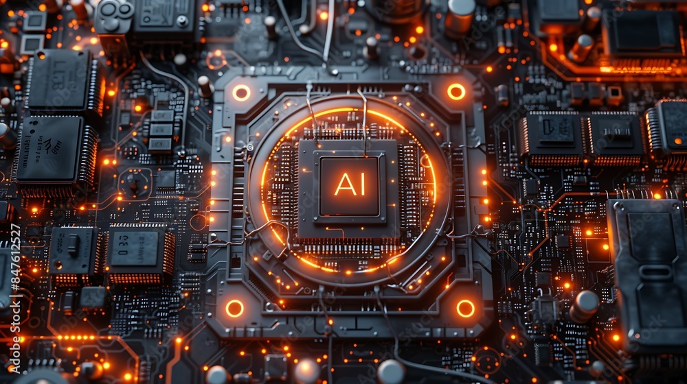 Computer microchip CPU on motherboard circuitry with 