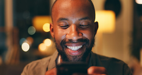 Aufkleber - Phone, night and black man on social media to relax reading online research or entertainment on blog website. Smile, face or happy African person on mobile app for news or funny internet meme in home