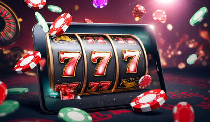 Online Casino Slot Machine Win with Lucky Triple Sevens, Colorful Casino Chips, Dice, and Dynamic Red Background. advertisement banner