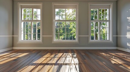 Wall Mural - sunlit empty room with large windows casting shadows on polished wooden floor. modern and minimalist