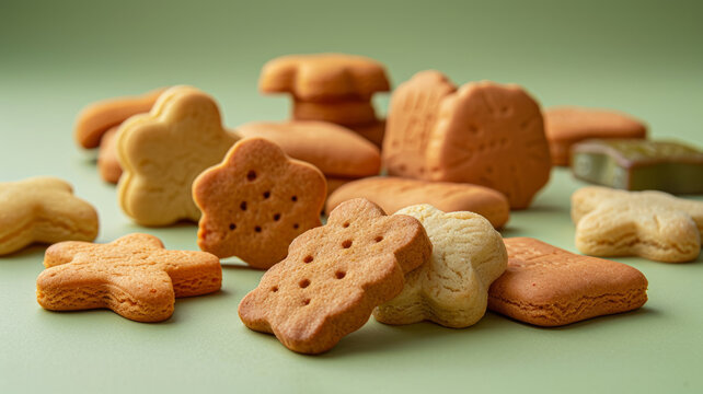 Assorted cookies and biscuits on a light green background.
