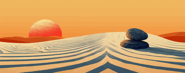 Wall Mural - Tranquil Zen garden with meticulously raked sand patterns. Vector flat minimalistic isolated illustration.