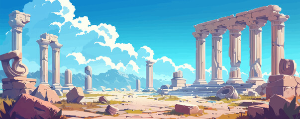 Wall Mural - Ancient ruins with weathered stone columns and statues Vector flat minimalistic isolated illustration