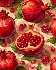 Wall Mural - Vibrant seamless tileable texture pattern featuring fresh and ripe pomegranate fruits