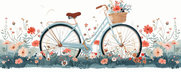 vintage bicycle and basket of flowers on a plain white backdrop. vector flat isolated illustration.