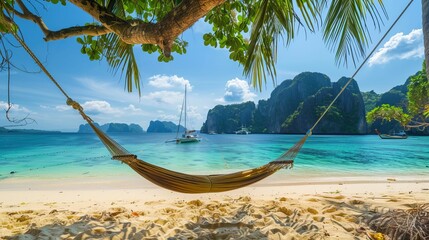 Wall Mural - Serene tropical beach with hammock overlooking turquoise water and sailboats. Ideal for travel, relaxation, and vacation themes. AI-generated image with vibrant colors and realistic details. AI