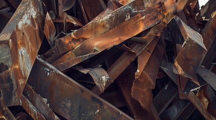 Poster - Factory scrap metal pile, close-up, no people, waste recycling, textures of rust and metal, natural light 