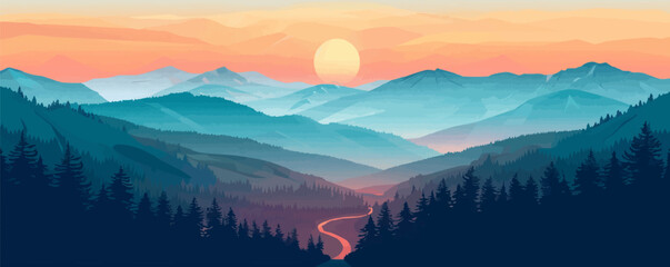 Wall Mural - Serene mountain landscape with a winding hiking trail Vector flat minimalistic isolated illustration