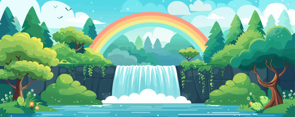 A mystical forest waterfall hidden among the trees with a rainbow arching over it. Vector flat minimalistic isolated illustration.