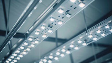 Poster - Factory LED lighting panel, close-up, energy-saving solution, no humans, bright efficient light, clear focus 