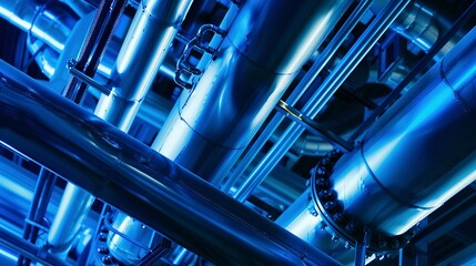 Canvas Print - Close-up on factory heat exchanger, energy conservation, no humans, metal pipes, cold blue light