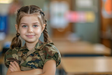 Wall Mural - Back to school, A very happy Little girl kid in a army forces dress, school kid