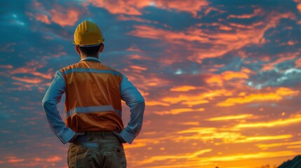 Wall Mural - Portrait of a male engineer standing confidently in the center with his back against the backdrop of a sunset sky