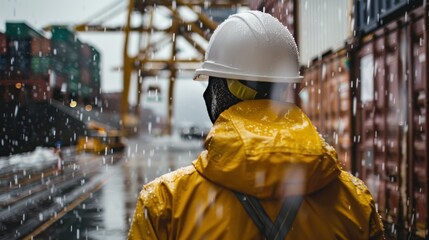 Wall Mural - worker in a hard hat and yellow jacket in the rain in a cargo port, view from the back