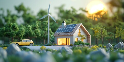 A modern eco-friendly house with solar panels, wind turbines, and an electric car in a lush green environment. The scene emphasizes sustainable living, renewable energy, and environmental conservation