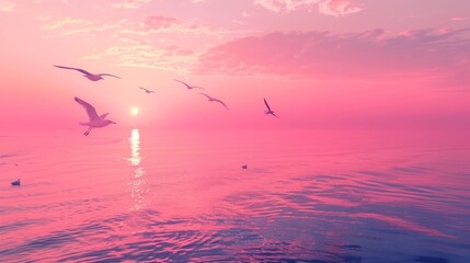 Wall Mural - A group of seagulls flying over a pink ocean