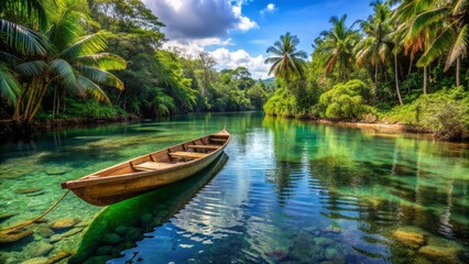A tropical river with a wooden canoe and a clear water area for text