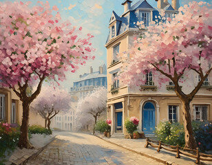 Wall Mural - fantasy painting of old city in Europe during spring with cherry trees 
