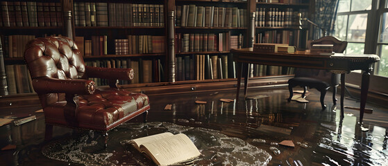 An old library with a vintage desk and leather chair, water dripping from the ceiling onto an open book, creating ripples in the puddle on the floor and wet footprints leading away