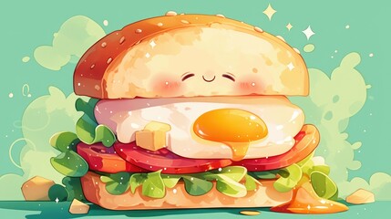 Wall Mural - Illustration of a charming sandwich emoji in 2d format