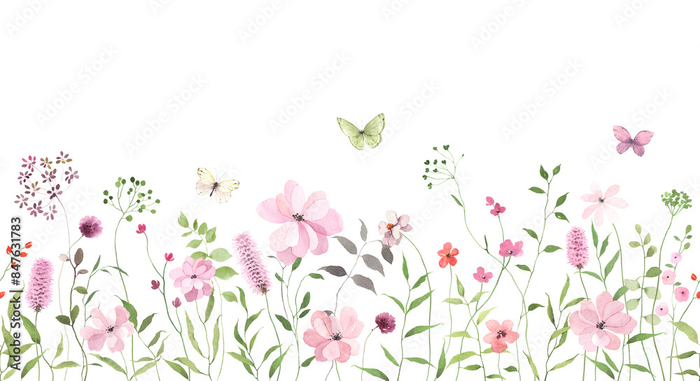 Floral seamless border with abstract delicate pink wildflowers and ...
