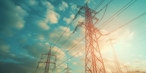 cityscape dusk featuring high voltage power lines and transmission towers. the image captures the es